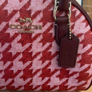 Coach Deep Red and Pink Houndstooth Satchel